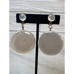 Vintage Japan Natural Moonstone Round Disc Drop Earrings Silvertone
